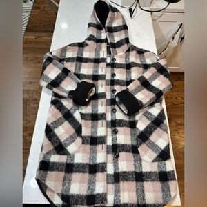 RDI Women's Plaid Pea Coat - Black, White, Pink